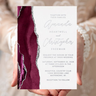 Agate Burgund Silber Schrift Hochzeit Folieneinladung