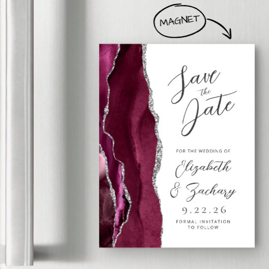 Agate Burgund Silber Schrift Save-the-Date-Karte Magneteinladung