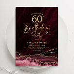 Agate Burgundy Gold 60. Geburtstag Einladung<br><div class="desc">Burgund und Gold feiern 60. Geburtstag Einladung. Elegantes modernes Design mit dunkelroten Marsala Wine Aquarell-Hintergrund Marmorgeode Hintergrund,  Imitate Glitzer Gold und Typografie Drehbuch Schriftart. Die trendige Einladungskarte eignet sich perfekt für eine stilvolle Damenfeier. Gedruckte Zazzle Einladungen oder Sofortdownload digitalen druckbaren Vorlage.</div>