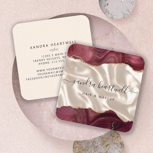 Agate Burgundy Gold Glitzer Elfenbeinseide Quadratische Visitenkarte