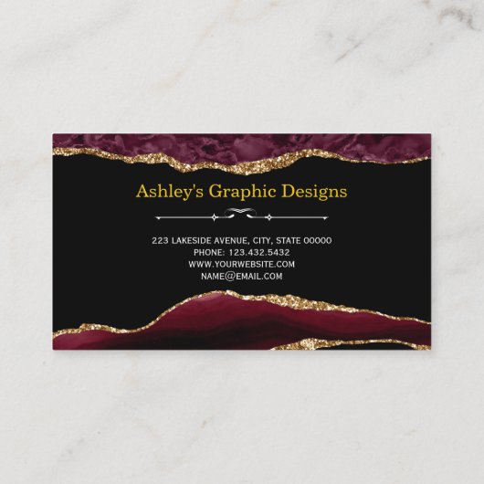 Agate Burgundy & Gold Imitate Glitzer Business Car Visitenkarte (Rückseite)