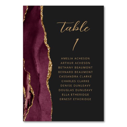 Agate Burgundy Gold Modern Script Dark Wedding Tischnummer (Vorderseite)