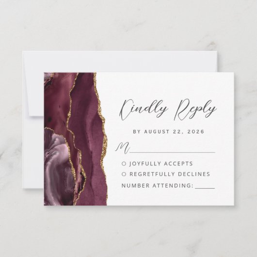 Agate Burgundy Gold Modern Script Wedding RSVP Karte (Vorderseite)