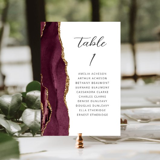 Agate Burgundy Gold Modern Script Wedding Tischnummer