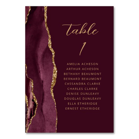 Agate Burgundy Gold Modern Script Wedding Tischnummer (Rückseite)