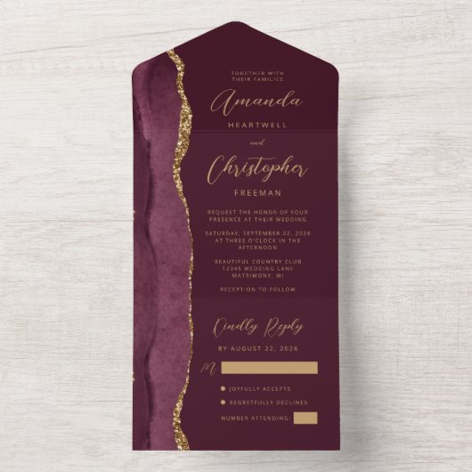 Agate Burgundy Gold Script All In One Einladung (Innen Boden)