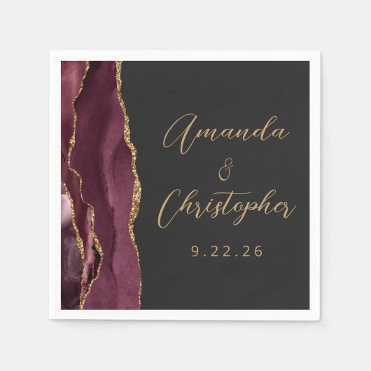 Agate Burgundy Gold Script Dark Wedding Serviette (Vorderseite)