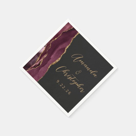 Agate Burgundy Gold Script Dark Wedding Serviette (Ecke)