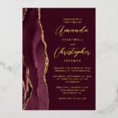 Agate Burgundy Gold Script Wedding Folieneinladung (Vorderseite)