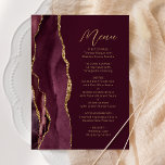 Agate Burgundy Gold Script Wedding Menükarte<br><div class="desc">Dieses elegante,  moderne Hochzeitsmenü besticht durch eine bordeauxrote Aquarellgrenze mit goldenen Imitaten und Glitzer. Der anpassbare Text kombiniert goldfarbenes Handschriftenskript und singt serifenlose Schriftart auf bordeauxfarbenem Hintergrund. Die Bordeaux- und Goldagate-Gestaltung wird auf der Rückseite wiederholt.</div>