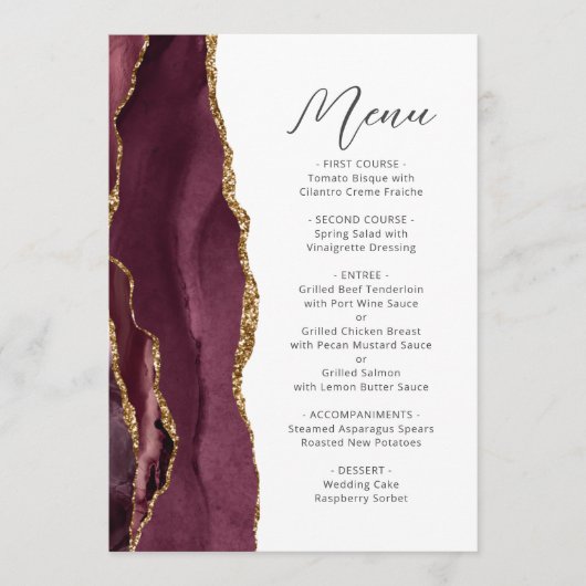 Agate Burgundy Gold Script Wedding Menükarte (Vorderseite)