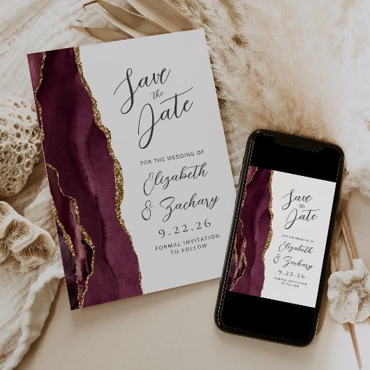 Agate Burgundy Gold Wedding Save the Date