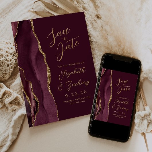 Agate Burgundy Gold Wedding Save the Date