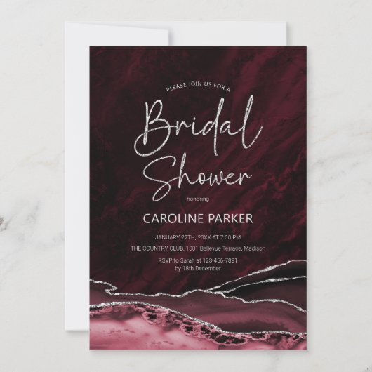 Agate Burgundy Silver Brautparty Einladung (Vorderseite)