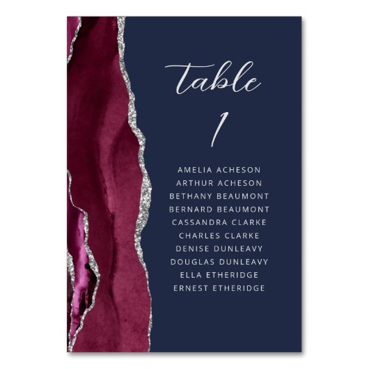 Agate Burgundy Silver Modern Script Navy Hochzeit Tischnummer (Vorderseite)