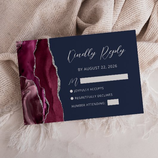 Agate Burgundy Silver Navy Blue Wedding RSVP Card