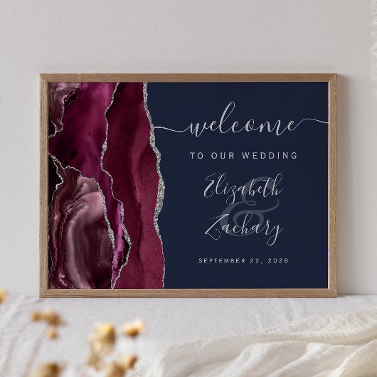 Agate Burgundy Silver Navy Blue Wedding Willkommen Poster