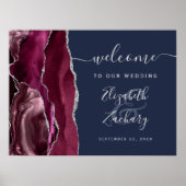 Agate Burgundy Silver Navy Blue Wedding Willkommen Poster (Vorne)