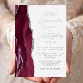 Agate Burgundy Silver Script Wedding Folieneinladung