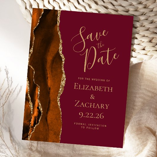 Agate Burnt Orange Gold Burgundy Save the Date Ankündigungspostkarte