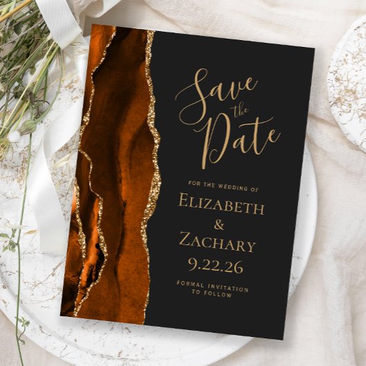 Agate Burnt Orange Gold Dark Save the Date Ankündigungspostkarte