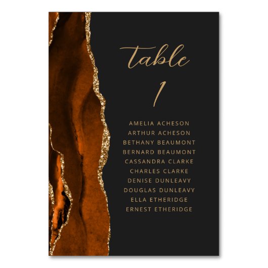 Agate Burnt Orange Gold Moderne Script Dunkle Hoch Tischnummer (Vorderseite)