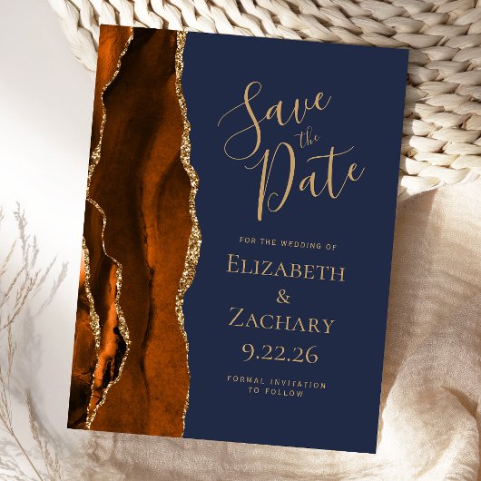 Agate Burnt Orange Gold Navy Blue Save the Date Ankündigungspostkarte
