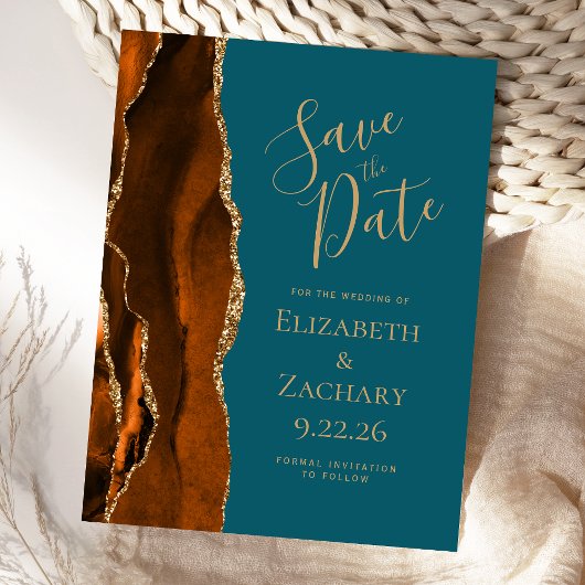 Agate Burnt Orange Gold Save the Date Aquamarin Ankündigungspostkarte