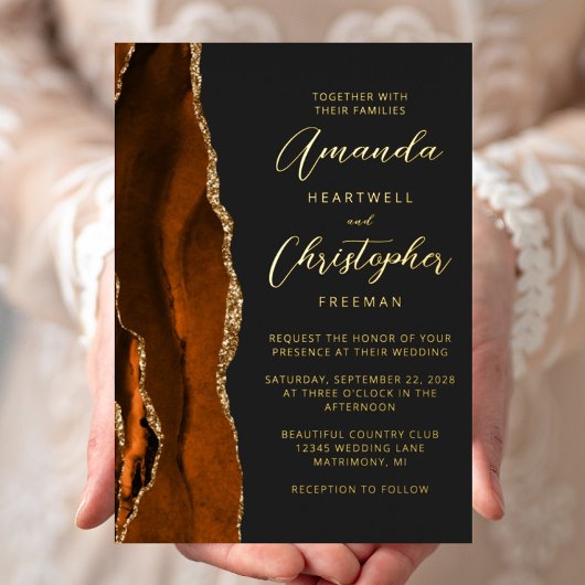 Agate Burnt Orange Gold Script Dark Wedding Folieneinladung