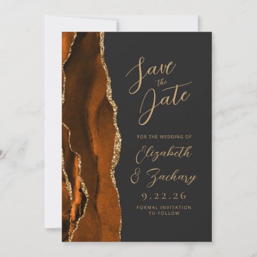 Agate Burnt Orange Gold Script Dark Wedding Gerett Save The Date (Vorderseite)