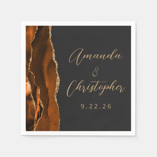 Agate Burnt Orange Gold Script Dark Wedding Serviette (Vorderseite)
