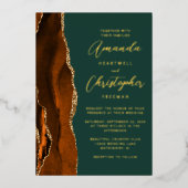 Agate Burnt Orange Gold Script Green Wedding Folieneinladung (Vorderseite)
