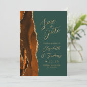 Agate Burnt Orange Gold Script Green Wedding Rett Save The Date (Stehend Vorderseite)