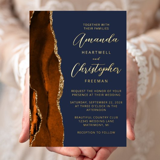 Agate Burnt Orange Gold Script Navy Blue Wedding Folieneinladung