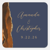 Agate Burnt Orange Gold Script Navy Blue Wedding Quadratischer Aufkleber (Vorderseite)