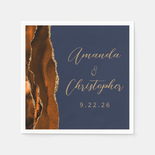 Agate Burnt Orange Gold Script Navy Blue Wedding Serviette (Vorderseite)