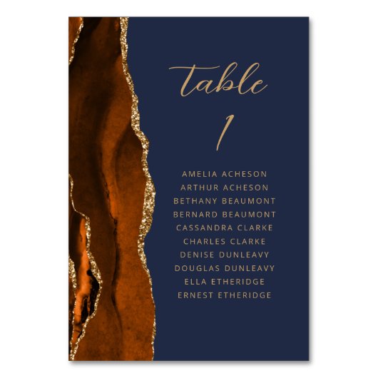 Agate Burnt Orange Gold Script Navy Blue Wedding Tischnummer (Vorderseite)