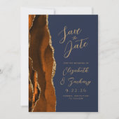 Agate Burnt Orange Gold Script Navy Hochzeit Geret Save The Date (Vorderseite)