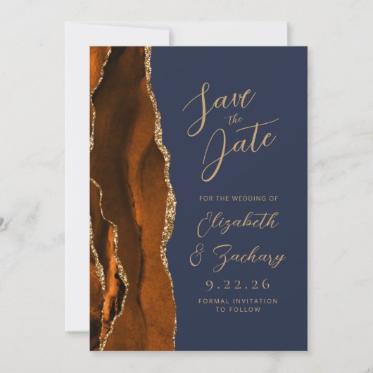 Agate Burnt Orange Gold Script Navy Hochzeit Geret Save The Date (Vorderseite)