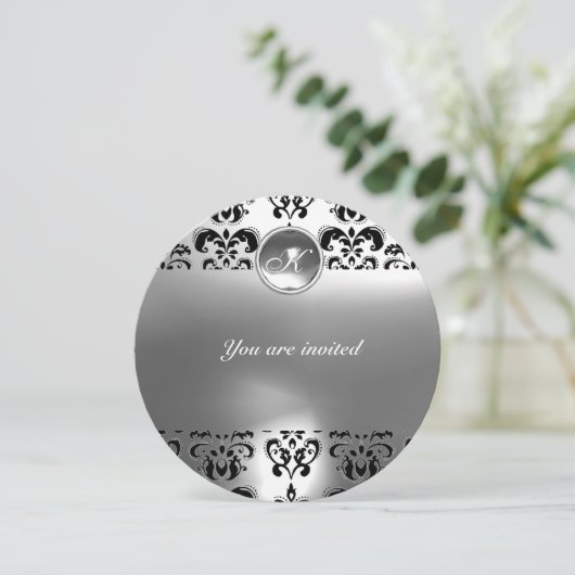 AGATE DAMASK GEM STONE MONOGRAM Schwarz-weiß Einladung (Stehend Vorderseite)