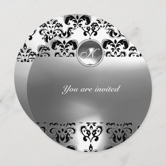 AGATE DAMASK GEM STONE MONOGRAM Schwarz-weiß Einladung (Vorne/Hinten)