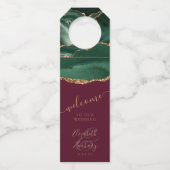 Agate Emerald Green Gold Burgundy Wedding Willkomm Flaschenanhänger (Vorderseite)