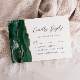 Agate Emerald Green Gold Modern Script Wedding RSVP Karte