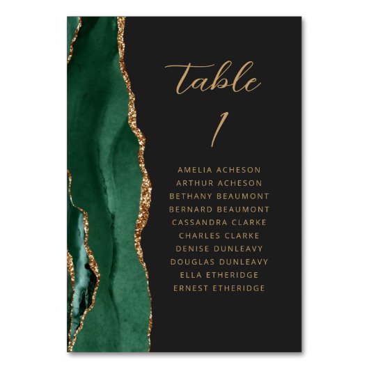 Agate Emerald Green Gold Modern Script Wedding Tischnummer (Vorderseite)