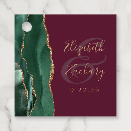 Agate Emerald Green Gold Script Burgundy Wedding Geschenkanhänger (Vorderseite)