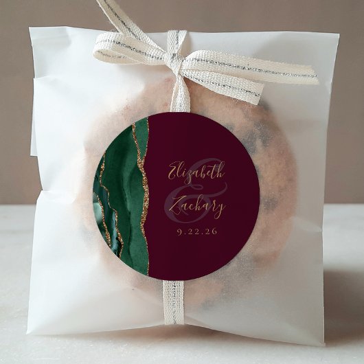 Agate Emerald Green Gold Script Burgundy Wedding Runder Aufkleber