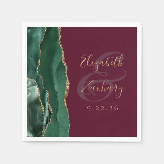 Agate Emerald Green Gold Script Burgundy Wedding Serviette (Vorderseite)