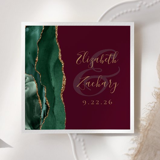 Agate Emerald Green Gold Script Burgundy Wedding Serviette