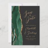 Agate Emerald Green Gold Script Dark Wedding Geret Save The Date (Vorderseite)