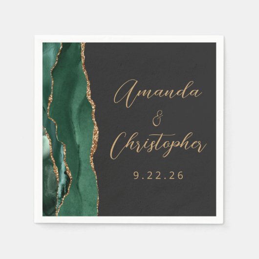 Agate Emerald Green Gold Script Dark Wedding Serviette (Vorderseite)